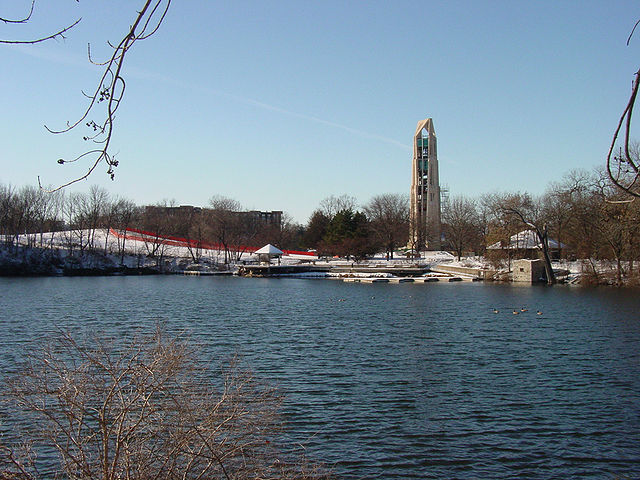 Moser Tower stands high in the Riverwalk Quarry in Naperville, IL. 